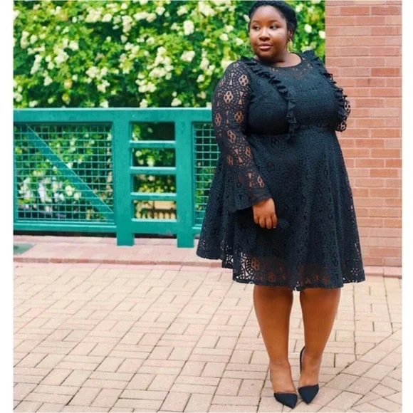 Lace Plus Size Dresses With Bell Sleeves Eloquii Dresses Eloquii Studio Lace  Fit And Flare Dress Black